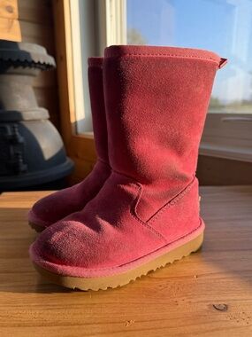UGG Lil Sunshine Girls Pink Suede Leather Faux Fur Zip Up Boots 10